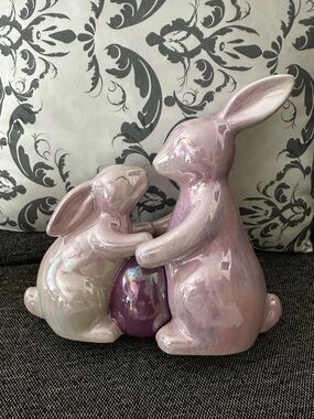 Ceramic Pink Iridescent Bunny Figurine Set new